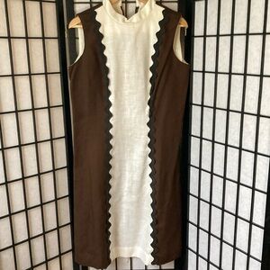 Vintage Union-made sleeveless dress, brown/white with black brick-a-brack trim